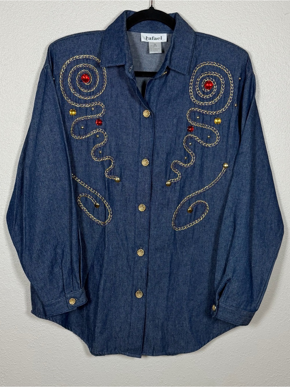 Vintage 90s Jewel Rope Embellished Denim Button Down M Cotton Boho Western Flair